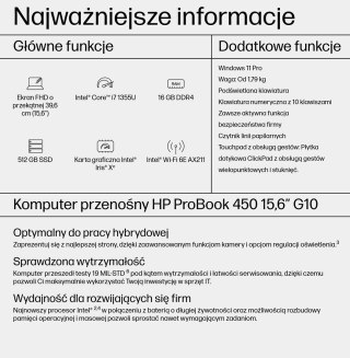 HP ProBook 450 G10 i7-1355U 15,6"FHD AG IPS 16GB SSD512 IrisXe ALU 51Wh W11Pro 3Y OnSite