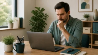 Phishing w firmie 2026 - pracownik analizuje podejrzaną wiadomość e-mail na laptopie