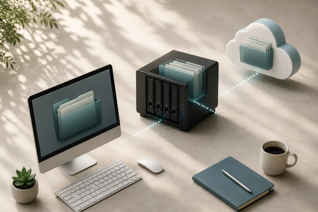 Backup w firmie - schemat strategii 3-2-1 z kopiami lokalnymi i offsite