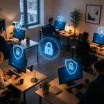 Bezpieczeństwo IT w małej firmie 2026 - nowoczesne biuro z systemami ochrony cyberbezpieczeństwa na stanowiskach pracy
