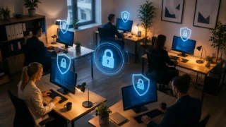 Bezpieczeństwo IT w małej firmie 2026 - nowoczesne biuro z systemami ochrony cyberbezpieczeństwa na stanowiskach pracy