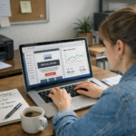 Marketerka przygotowująca kampanię email marketing w narzędziu do newsletterów na laptopie, z widocznym edytorem maila i statystykami open rate