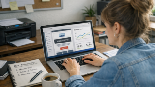 Marketerka przygotowująca kampanię email marketing w narzędziu do newsletterów na laptopie, z widocznym edytorem maila i statystykami open rate