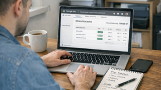 Specjalista marketingu ustawia kampanię Google Ads Search na laptopie w polskim biurze, widoczny panel Google Ads i arkusz budżetu
