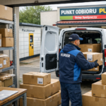 Kurier odbierający paczki ze sklepu internetowego - paczkomat, punkt PUDO i samochód dostawczy w polskich realiach