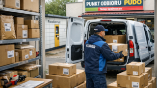 Kurier odbierający paczki ze sklepu internetowego - paczkomat, punkt PUDO i samochód dostawczy w polskich realiach