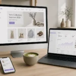 Sklep internetowy 2026 - nowoczesne stanowisko e-commerce z monitorem, laptopem i smartfonem pokazującymi interfejs sklepu online