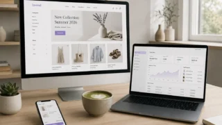 Sklep internetowy 2026 - nowoczesne stanowisko e-commerce z monitorem, laptopem i smartfonem pokazującymi interfejs sklepu online