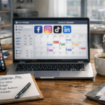 Specjalistka marketingu planuje kampanię social media na laptopie z widocznymi ikonami Facebook, Instagram, TikTok i LinkedIn