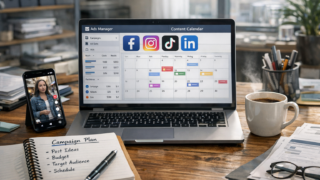 Specjalistka marketingu planuje kampanię social media na laptopie z widocznymi ikonami Facebook, Instagram, TikTok i LinkedIn