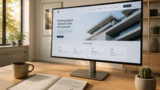 Strona firmowa 2026 - projekt profesjonalnej witryny biznesowej na monitorze obok szkiców wireframe