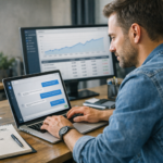 Marketer pracujący przy laptopie z otwartym ChatGPT i wykresem kampanii marketingowej w tle