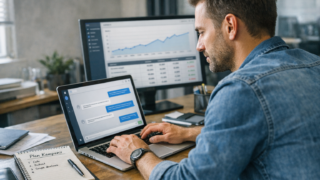 Marketer pracujący przy laptopie z otwartym ChatGPT i wykresem kampanii marketingowej w tle