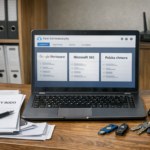 Porównanie Google Workspace, Microsoft 365 i polskiej chmury w biurze - laptop z panelem admina, skrzynka e-mail i dysk firmowy