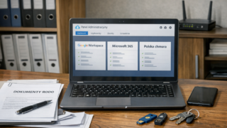 Porównanie Google Workspace, Microsoft 365 i polskiej chmury w biurze - laptop z panelem admina, skrzynka e-mail i dysk firmowy
