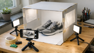 Osoba fotografuje telefonem buty w domowym lightboxie DIY na białym tle z lampkami LED