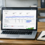 Panel Google Search Console z widocznymi raportami Performance i Indexing na ekranie laptopa