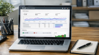 Panel Google Search Console z widocznymi raportami Performance i Indexing na ekranie laptopa