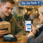 Sprzedawca i kupujący spotykają się w miejscu publicznym, trzymając telefon z widokiem czatu Facebook Marketplace i paczkę z towarem