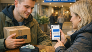 Sprzedawca i kupujący spotykają się w miejscu publicznym, trzymając telefon z widokiem czatu Facebook Marketplace i paczkę z towarem