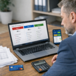 Przedsiębiorca porównuje oferty kont firmowych PKO BP, mBank i ING na laptopie i telefonie