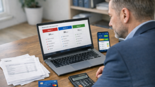 Przedsiębiorca porównuje oferty kont firmowych PKO BP, mBank i ING na laptopie i telefonie
