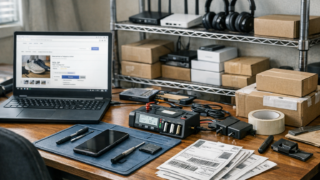 Sprzedawca testuje używany smartfon i laptop przed sprzedażą na Allegro i OLX - realistyczne stanowisko pracy z elektroniką
