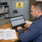 Inspektor ochrony danych analizuje rejestr czynności przetwarzania na laptopie w biurze firmy