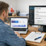 Specjalista SEO analizuje SEO on-page w Google Search Console na laptopie, obok otwarty edytor WordPress i notatki z checklistą