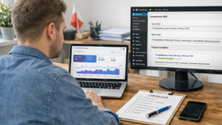 Specjalista SEO analizuje SEO on-page w Google Search Console na laptopie, obok otwarty edytor WordPress i notatki z checklistą