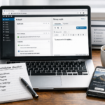 Ekran laptopa z panelem WordPress i kreatorem konfiguracji strony, obok notes z planem wpisu i smartfon z podglądem strony
