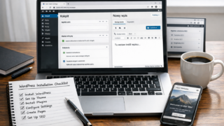 Ekran laptopa z panelem WordPress i kreatorem konfiguracji strony, obok notes z planem wpisu i smartfon z podglądem strony