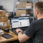 Pracownik e-commerce testuje chatbot AI na laptopie przy biurku z paczkami i etykietami wysyłkowymi