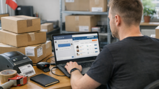 Pracownik e-commerce testuje chatbot AI na laptopie przy biurku z paczkami i etykietami wysyłkowymi