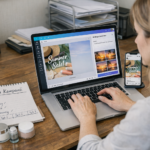 Przedsiębiorczyni tworząca reklamę w Canva AI na laptopie w biurze, obok telefon z podglądem posta na Instagramie