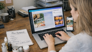 Przedsiębiorczyni tworząca reklamę w Canva AI na laptopie w biurze, obok telefon z podglądem posta na Instagramie