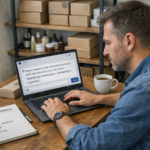 Właściciel małej firmy w Polsce pracuje przy laptopie, wpisuje prompty do ChatGPT i planuje kampanię marketingową