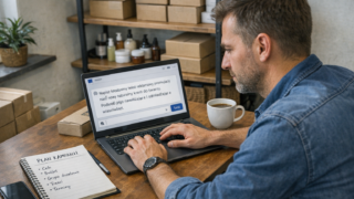 Właściciel małej firmy w Polsce pracuje przy laptopie, wpisuje prompty do ChatGPT i planuje kampanię marketingową