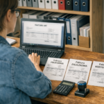 Przedsiębiorca przy biurku porównuje fakturę proforma, zaliczkową i korygującą na ekranie laptopa oraz wydrukach, obok kalkulator i terminal płatniczy