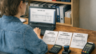 Przedsiębiorca przy biurku porównuje fakturę proforma, zaliczkową i korygującą na ekranie laptopa oraz wydrukach, obok kalkulator i terminal płatniczy