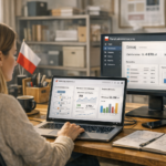 Specjalista e-commerce analizuje dashboard marketing automation na laptopie w biurze sklepu internetowego