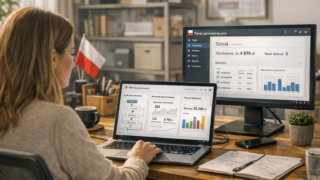Specjalista e-commerce analizuje dashboard marketing automation na laptopie w biurze sklepu internetowego