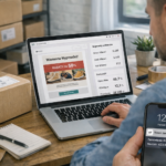 Pracownik e-commerce wysyła newsletter ze sklepu internetowego - ekran laptopa z narzędziem do email marketingu, lista subskrybentów i podgląd maila
