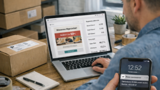 Pracownik e-commerce wysyła newsletter ze sklepu internetowego - ekran laptopa z narzędziem do email marketingu, lista subskrybentów i podgląd maila