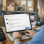 Właściciel sklepu internetowego pokazuje na laptopie panel Google z opiniami firmy i odpowiada na recenzje