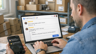Właściciel sklepu internetowego pokazuje na laptopie panel Google z opiniami firmy i odpowiada na recenzje