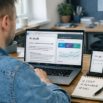 Specjalista SEO w biurze analizuje artykuł wygenerowany przez AI w ChatGPT i raport Google Search Console na laptopie