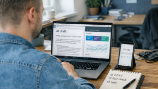 Specjalista SEO w biurze analizuje artykuł wygenerowany przez AI w ChatGPT i raport Google Search Console na laptopie