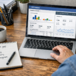 Specjalista SEO analizuje konkurencję w Ahrefs i Google Search Console na laptopie, obok notatnik z listą słów kluczowych i harmonogramem publikacji