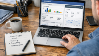 Specjalista SEO analizuje konkurencję w Ahrefs i Google Search Console na laptopie, obok notatnik z listą słów kluczowych i harmonogramem publikacji